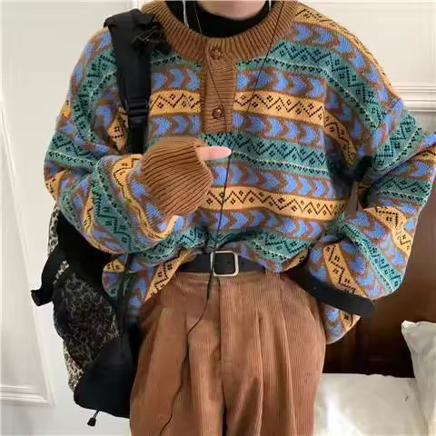 2023 Autumn New Ethnic Style Knitted Sweater Vintage Round Neck Loose Fit Old Fashioned Feeling Pullover Sweater