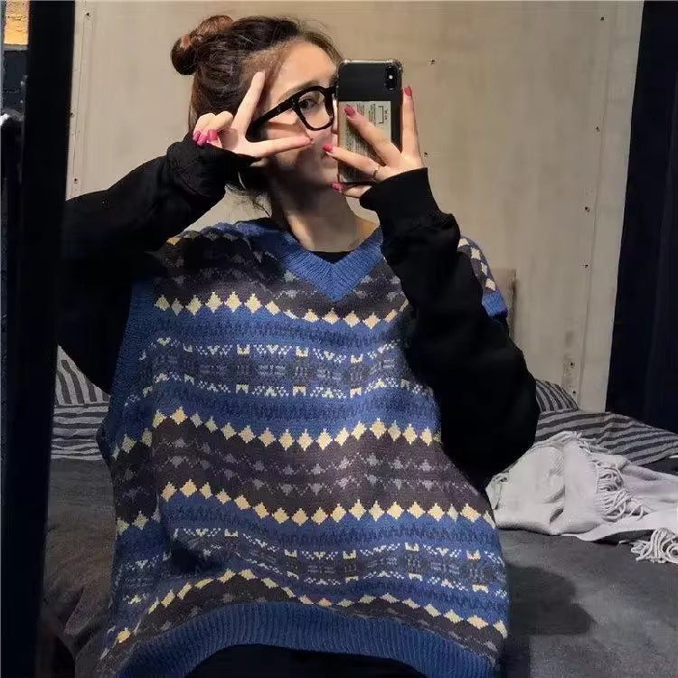 2023 Autumn New Ethnic Style Knitted Sweater Vintage Round Neck Loose Fit Old Fashioned Feeling Pullover Sweater