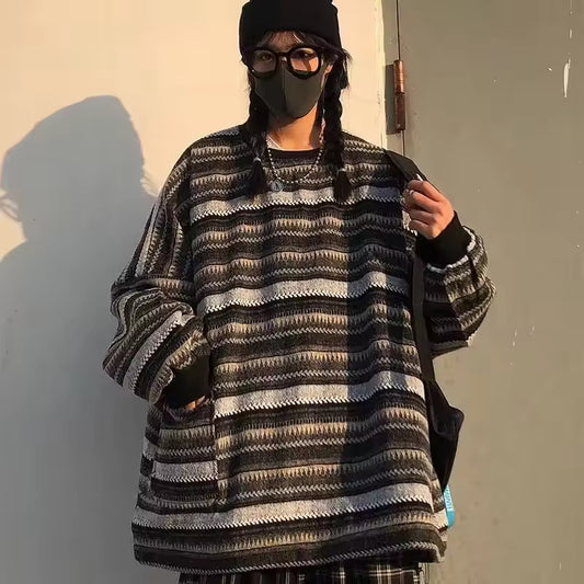 New 2024 Spring Autumn Men's Sweater Korean Ins Japanese Vintage Striped Idle Style Loose-fit Student Outer Wear Top