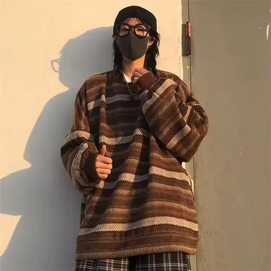 New 2024 Spring Autumn Men's Sweater Korean Ins Japanese Vintage Striped Idle Style Loose-fit Student Outer Wear Top