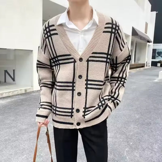 Japanese Vintage Plaid Couple Sweater Men's Autumn Winter New Style V-neck Knitted Top Cardigan Jacket Trendy Casual Wear